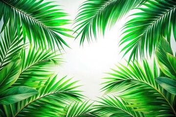 Fototapeta premium Palm Leaf Frame, White Background, Tropical Portrait Photography, Lush Greenery, Clean Minimalist Backdrop