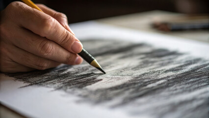 close up of artist hand using pencil to create charcoal sketch on paper, showcasing intricate details of artwork