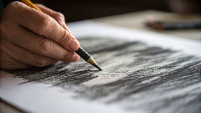 close up of artist hand using pencil to create charcoal sketch on paper, showcasing intricate details of artwork