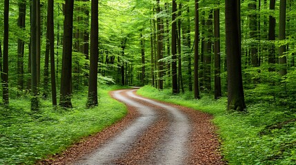 Obraz premium A winding dirt road leads through a vibrant green forest