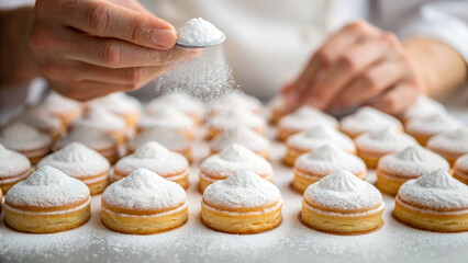 Baker dusting powdered sugar onto pastries, creating delightful presentation. scene captures artistry and precision involved