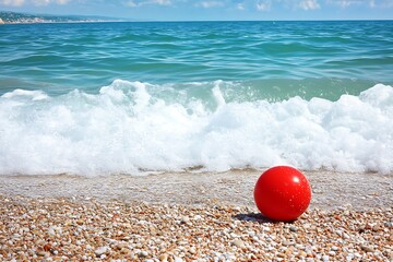 Obraz premium Red Ball on Sandy Beach Meets Turquoise Waves.