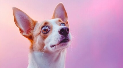 Adorable small dog with big, surprised eyes against a pastel purple background.