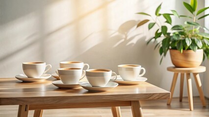 Morning sunlight illuminates four porcelain coffee cups arranged on a light wood table next to a potted plant on a small wooden stool, creating a tranquil and inviting atmosphere