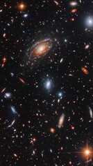 Deep field view showing numerous galaxies and bright stars in space