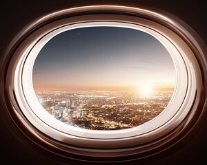 Naklejka premium airplane window view at sunset, airplane window glowing over cityscape, dreamy airplane window view for travel editorial and cinematic journey design