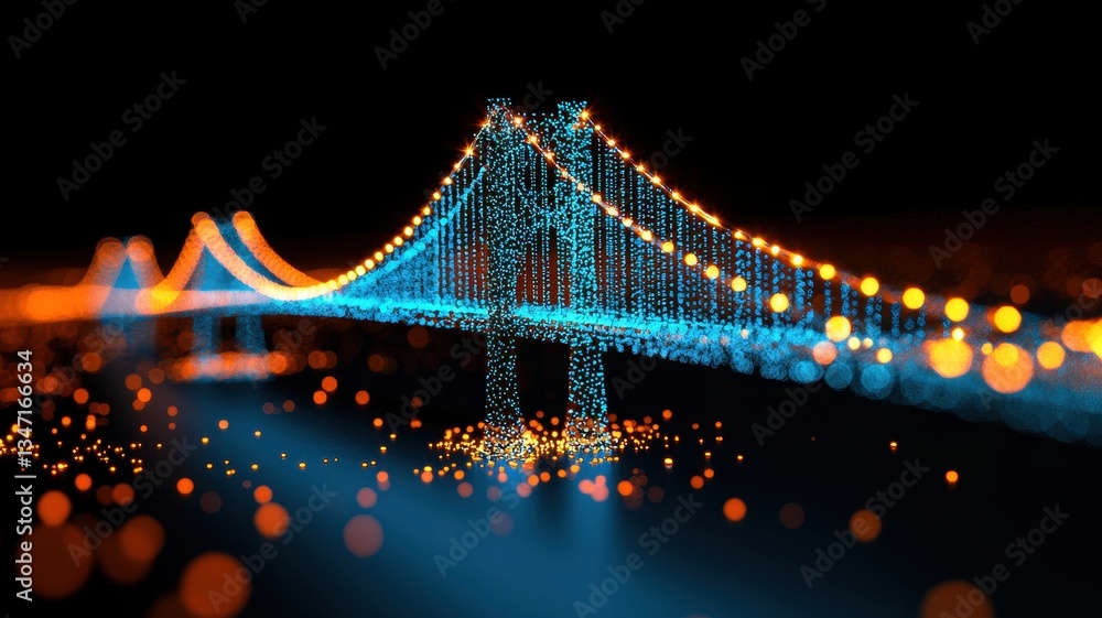 Aufkleber a bridge for data connection. illuminated bridge at night with vibrant bokeh lights reflecting on wa