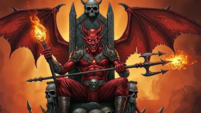 Red Devil Sitting on Skull Throne Holding Fire Torch and Trident