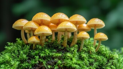 Pale Yellow Mushrooms in Green Vegetation