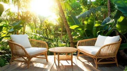 Obraz premium A tropical patio with rattan furniture and lush greenery