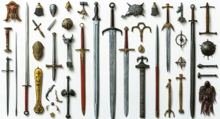 Collection of Medieval Weapons and Armor on White Background