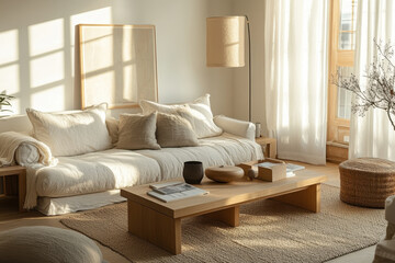 Living room featuring a cozy couch, stylish coffee table, and a modern lamp. Bright and inviting ambiance.
