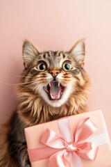 A playful longhair cat with an open mouth holds a pink gift box.