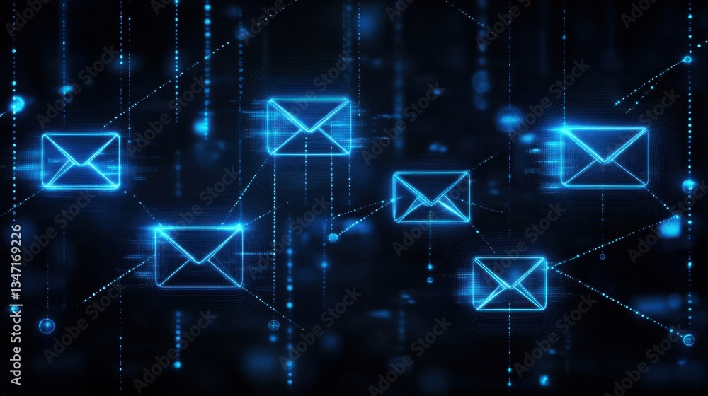 Poster abstract image of digital email flow, streams of light forming interconnected nodes, representing mo