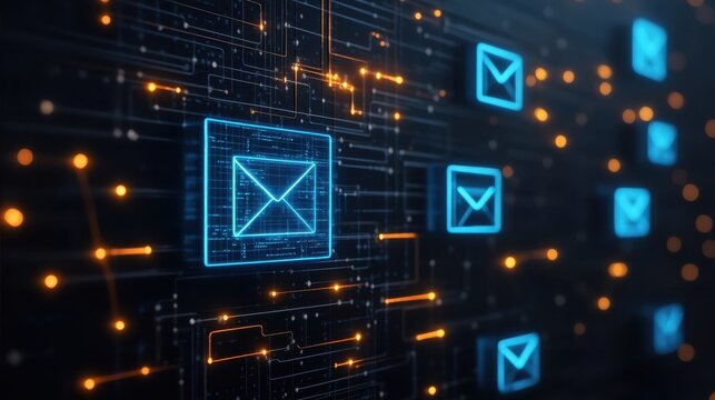 Abstract visualization of interconnected emails, blue glowing data streams weaving through a global communication network.
