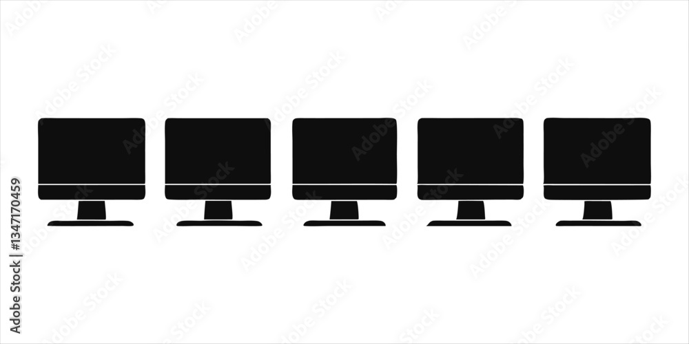 Fototapete Laptop computer cell phone and desktop pc screen icon vector simple graphic illustration set solid black line stroke outline art, mobile cellphone smartphone blank empty frame sign symbol 