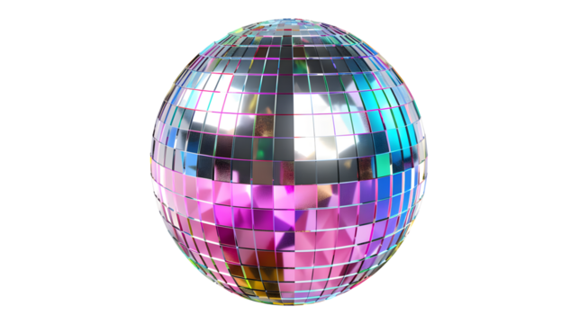 disco ball with colorful reflections isolated on transparent background, detailed photo, png 