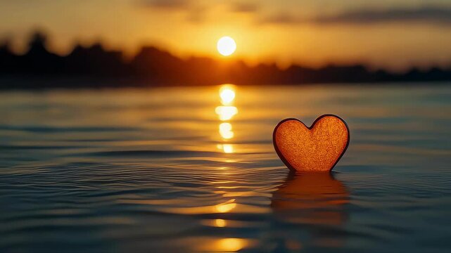 A heart-shaped object floating on water during sunset.