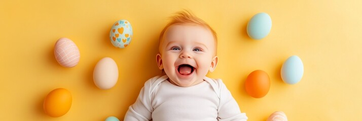 Fototapeta premium Happy baby surrounded by pastel Easter eggs.