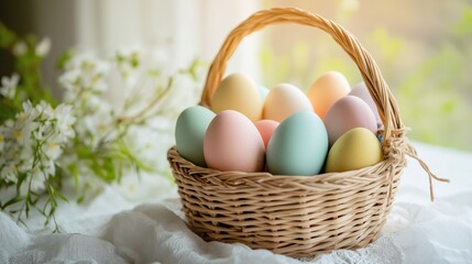 Bright Easter basket decoration with colorful pastel-colored eggs captures the essence of a joyful Easter theme. Perfect for holiday themed designs, greeting cards
