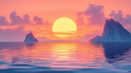 Stunning sunset over the ocean with clouds and mountains present