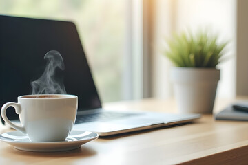 Minimalist workspace with a steaming cup of coffee, a laptop, and a small potted plant on a wooden desk. Bright, cozy, and modern office setting with natural light