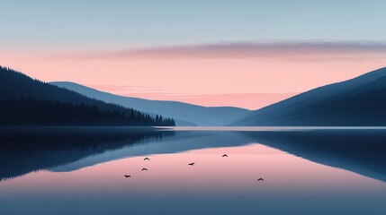 Fototapeta premium Serene Pink Sunrise Lake Reflection with Birds Flying, and Mountain Landscape.