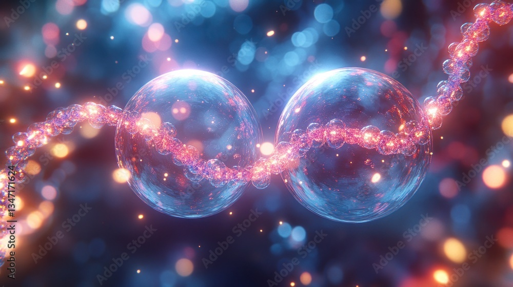 Poster two luminous spheres connected by a glowing chain, set against a backdrop of sparkling particles in 