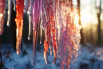 dance of icicles as they delicately form and sway from diverse surfaces, enchantingly capturing intricate beauty of their shapes and ethereal glow of sunlight they gracefully embrace