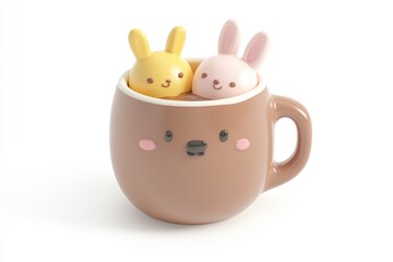 Two cute bunny-shaped marshmallows swim in a cozy brown mug, creating a heartwarming scene.