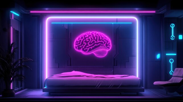 Bedroom environment enhanced by AI technology, with glowing holographic visuals displaying brain activity and room optimization at night.