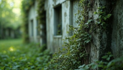 Abandoned building covered in vines and greenery in a natural setting