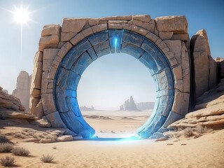 Futuristic sci-fi gateway portal standing in mysterious desert ruins.