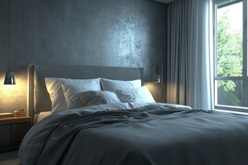 A comfortable bedroom with a large bed and bright window
