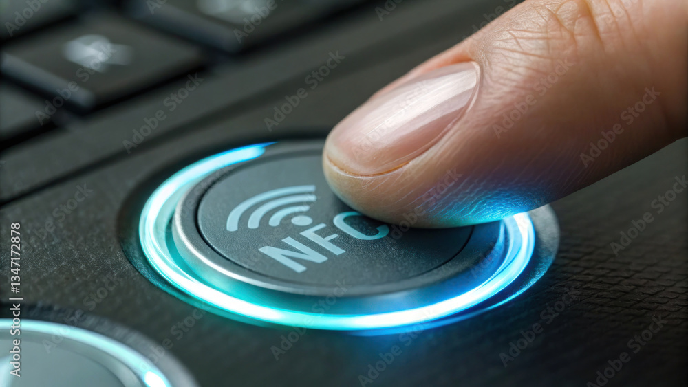 Poster fingertip gently presses nfc button device, highlighting modern technology and interaction. glowing 