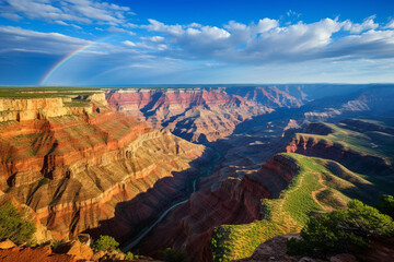 display of a rainbow gracefully curving over a plateau, adorned with vibrant hues that dance against celestial canvas, evoking a profound sense of optimism and awe, showcasing nature exquisite artistr