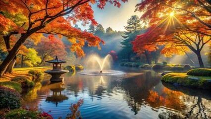 Serene Autumnal Garden Scene Sunlit Pond, Pavilion, and Vibrant Foliage Reflecting Tranquility