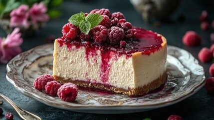 Cheesecake slice topped with fresh raspberries and raspberry sauce