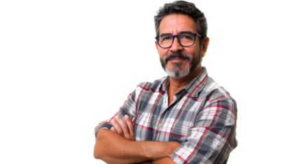 Full body image of a charming Brazilian man in his early forties isolated on a transparent background, detailed photo, png 