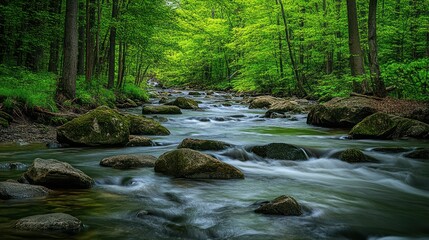 Serene forest stream flows through lush green woods; nature background