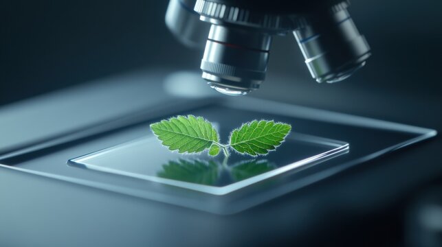 Close-up of a scientist examining a green plant leaf under a high-tech microscope, symbolizing research in botany and genetics.