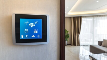 High-tech smart home control panel mounted on a wall in a modern interior.

