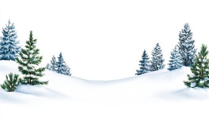 Serene Watercolor Illustration of a Snowy Winter Landscape with Evergreens on White Background