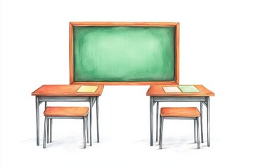 Watercolor Painting of a Classroom Setting with Desks and a Chalkboard