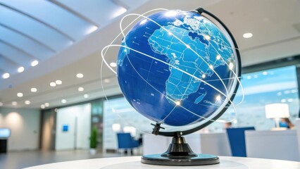 a detailed view of a blue globe with lines showing global connections