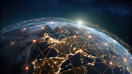 global network connections light up the world, showcasing a network of connections across the planet with stars in the background. the image shows a network of communication across the world