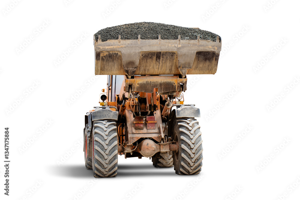 Poster a large loader stands upright, its extended bucket carrying a significant load of gravel. this const