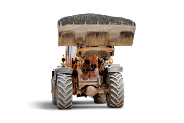 A large loader stands upright, its extended bucket carrying a significant load of gravel. This construction equipment is isolated on a white background. Construction equipment rental.