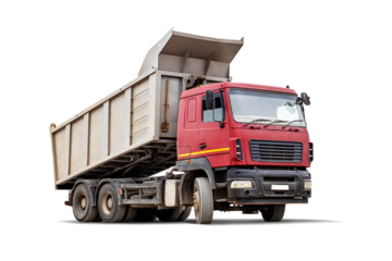 A powerful dump truck stands and unloads. The vehicle is insulated for design. Construction and excavation work. Construction equipment rental.