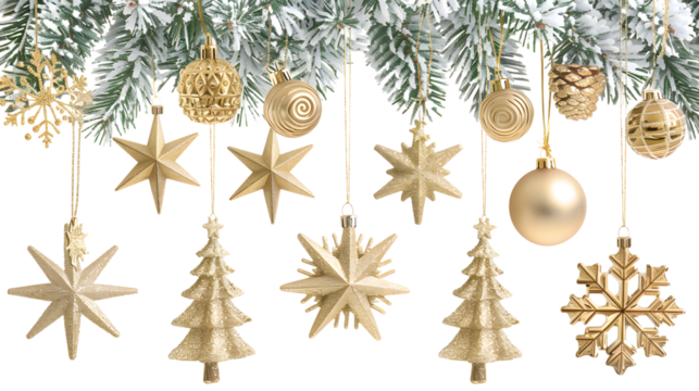 Gold Christmas decorations hanging, golden stars and christmas tree with snowflakes isolated on transparent background, detailed photo, png 